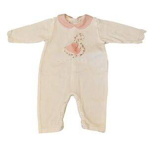 Chickeeduck Swan Italy Embroidered White Knit Sweater Romper 9 Months Cotton
